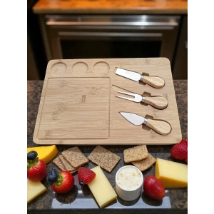 Doğal Bambu Bıçaklı Peynir Servis Sunum Tabağı Kahvaltı Sunum Tahtası Seti 4 Parça