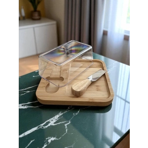 Doğal Bambu Bıçaklı Peynir ve Tereyağ Servis Sunum Tabağı Plastik Kapaklı Set 3 Parça 18x18 Cm