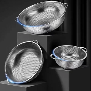 Paslanmaz Çelik Kulplu Çok Amaçlı Makarna Un Meyve Sebze 3lü Süzgeç 25 22 19 Cm