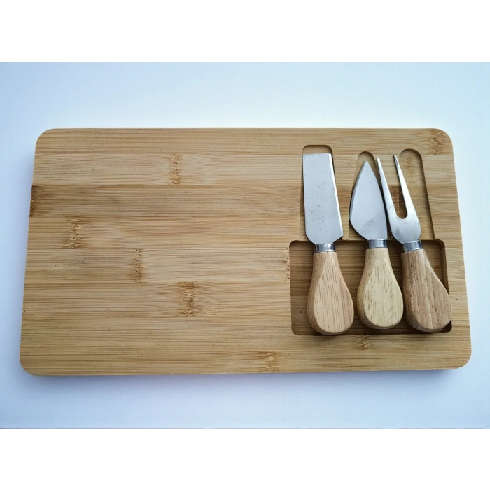 Doğal Bambu Bıçaklı Peynir Servis Sunum Tabağı Kahvaltı Sunum Tahtası Seti 4 Parça 30x17 Cm