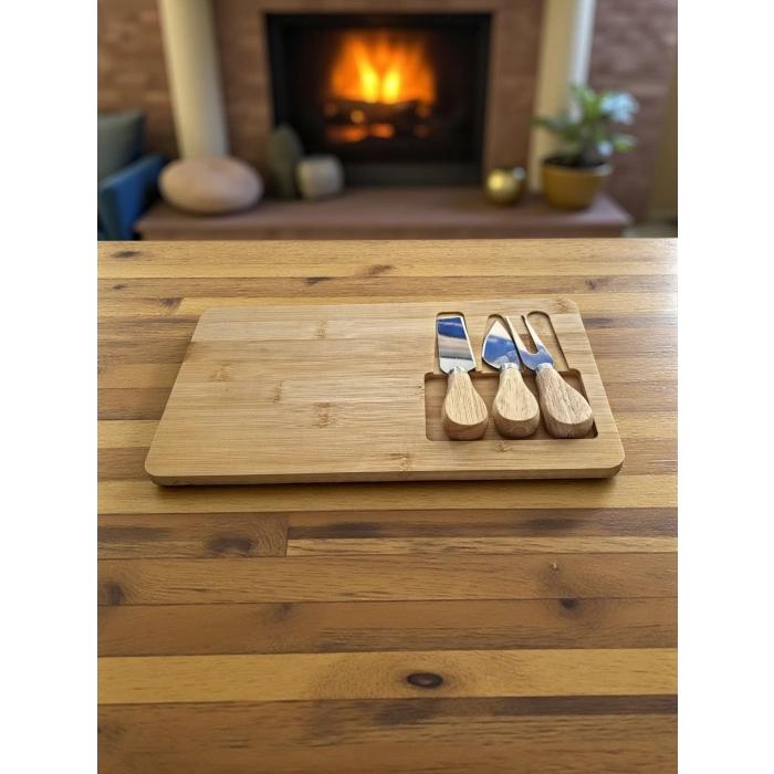 Doğal Bambu Bıçaklı Peynir Servis Sunum Tabağı Kahvaltı Sunum Tahtası Seti 4 Parça 30x17 Cm