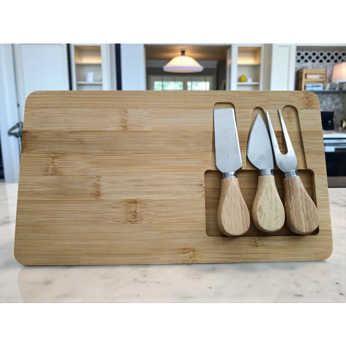 Doğal Bambu Bıçaklı Peynir Servis Sunum Tabağı Kahvaltı Sunum Tahtası Seti 4 Parça 30x17 Cm