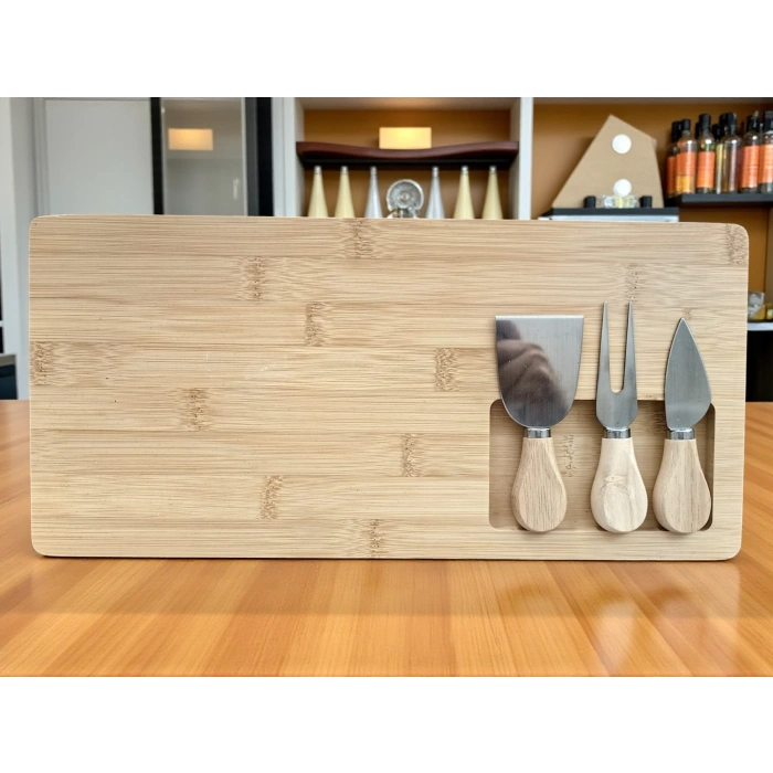 Doğal Bambu Bıçaklı Peynir Servis Sunum Tabağı Kahvaltı Sunum Tahtası Seti 4 Parça 38x18 Cm