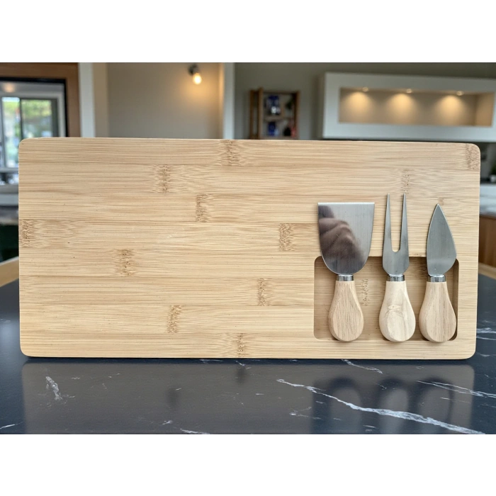 Doğal Bambu Bıçaklı Peynir Servis Sunum Tabağı Kahvaltı Sunum Tahtası Seti 4 Parça 38x18 Cm