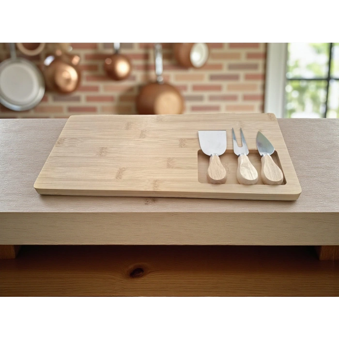 Doğal Bambu Bıçaklı Peynir Servis Sunum Tabağı Kahvaltı Sunum Tahtası Seti 4 Parça 38x18 Cm