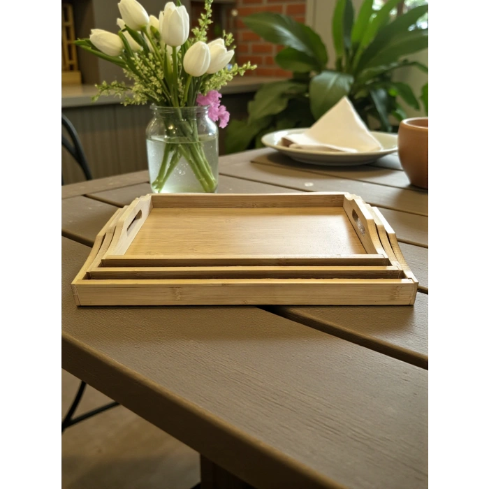 MyBru Dikdörtgen Bambu Tepsi 3lü Set