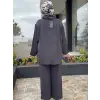SİYAH G9183 Kendinden Desenli Yaka Büzdürmeli Kap Pantolon Takım
