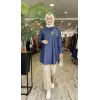 Vuu Yakası Taş ve Boncuk İşlemeli Denim Oversize Gömlek