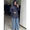 Vuu Yakası Taş ve Boncuk İşlemeli Denim Oversize Gömlek