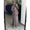 Clande Büzgü Detaylı Asimetrik Keten Etek Bluz Takım