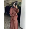 Clande Büzgü Detaylı Asimetrik Keten Etek Bluz Takım
