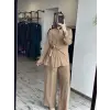 Clande Beli Bağlama Detaylı Patlı Cupra İpek Tunik Pantolon Takım