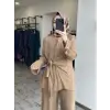 Clande Beli Bağlama Detaylı Patlı Cupra İpek Tunik Pantolon Takım