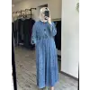 Kayra Kendinden Desenli Yakası Fermuarlı Tencel Kot Elbise KA83014