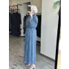 Kayra Kendinden Desenli Yakası Fermuarlı Tencel Kot Elbise KA83014