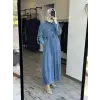 Kayra Kendinden Desenli Yakası Fermuarlı Tencel Kot Elbise KA83014