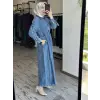 Kayra Kendinden Desenli Yakası Fermuarlı Tencel Kot Elbise KA83014