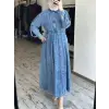 Kayra Kendinden Desenli Yakası Fermuarlı Tencel Kot Elbise KA83014