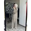 Kahma Boncuk Detaylı  Keten Ceket Pantolon Takım