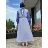 Clande Kolları Lazer Kesimli Çizgi Kombinli Poplin Elbise
