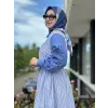 Clande Kolları Lazer Kesimli Çizgi Kombinli Poplin Elbise