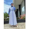 Clande Kolları Lazer Kesimli Çizgi Kombinli Poplin Elbise