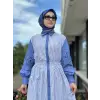 Clande Kolları Lazer Kesimli Çizgi Kombinli Poplin Elbise
