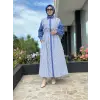 Clande Kolları Lazer Kesimli Çizgi Kombinli Poplin Elbise