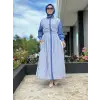 Clande Kolları Lazer Kesimli Çizgi Kombinli Poplin Elbise