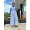 Clande Kolları Lazer Kesimli Çizgi Kombinli Poplin Elbise