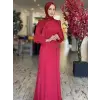 Kenzel Kırmızı Taşlı Saten Tesettür Abiye Elbise (KENZEL2104)