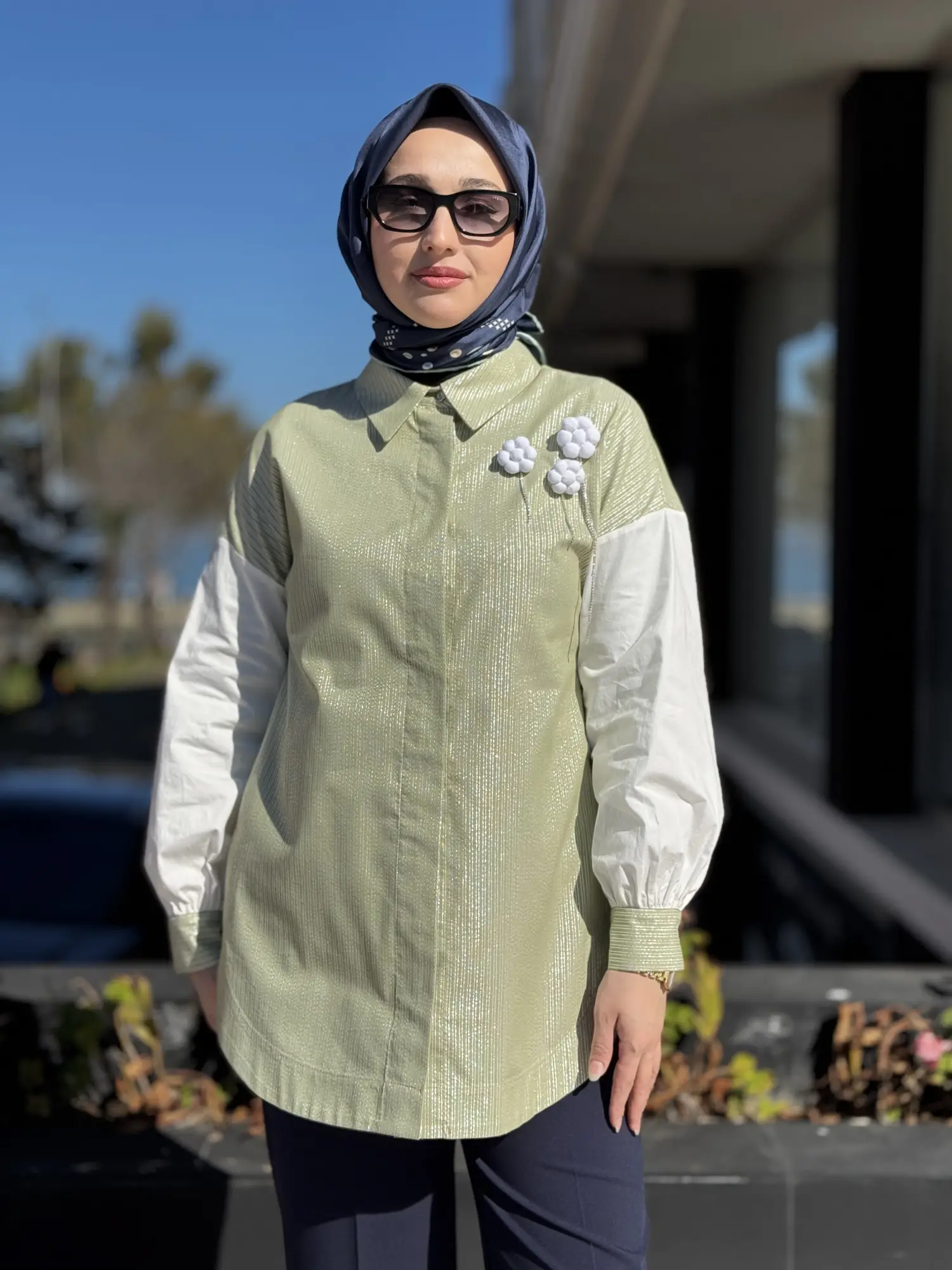 YEŞİL Sim Detaylı Çizgili Gömlek