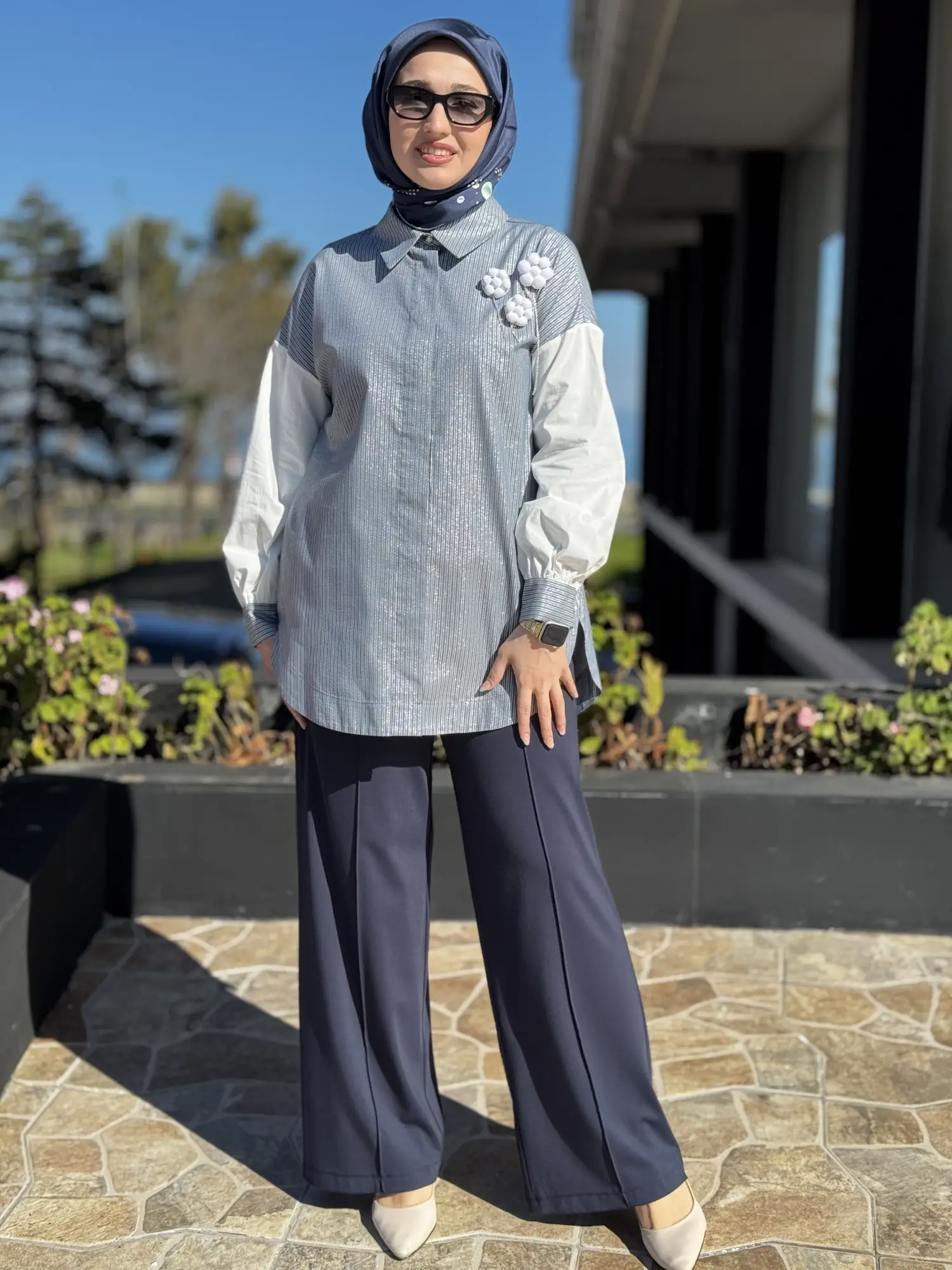 YEŞİL Sim Detaylı Çizgili Gömlek