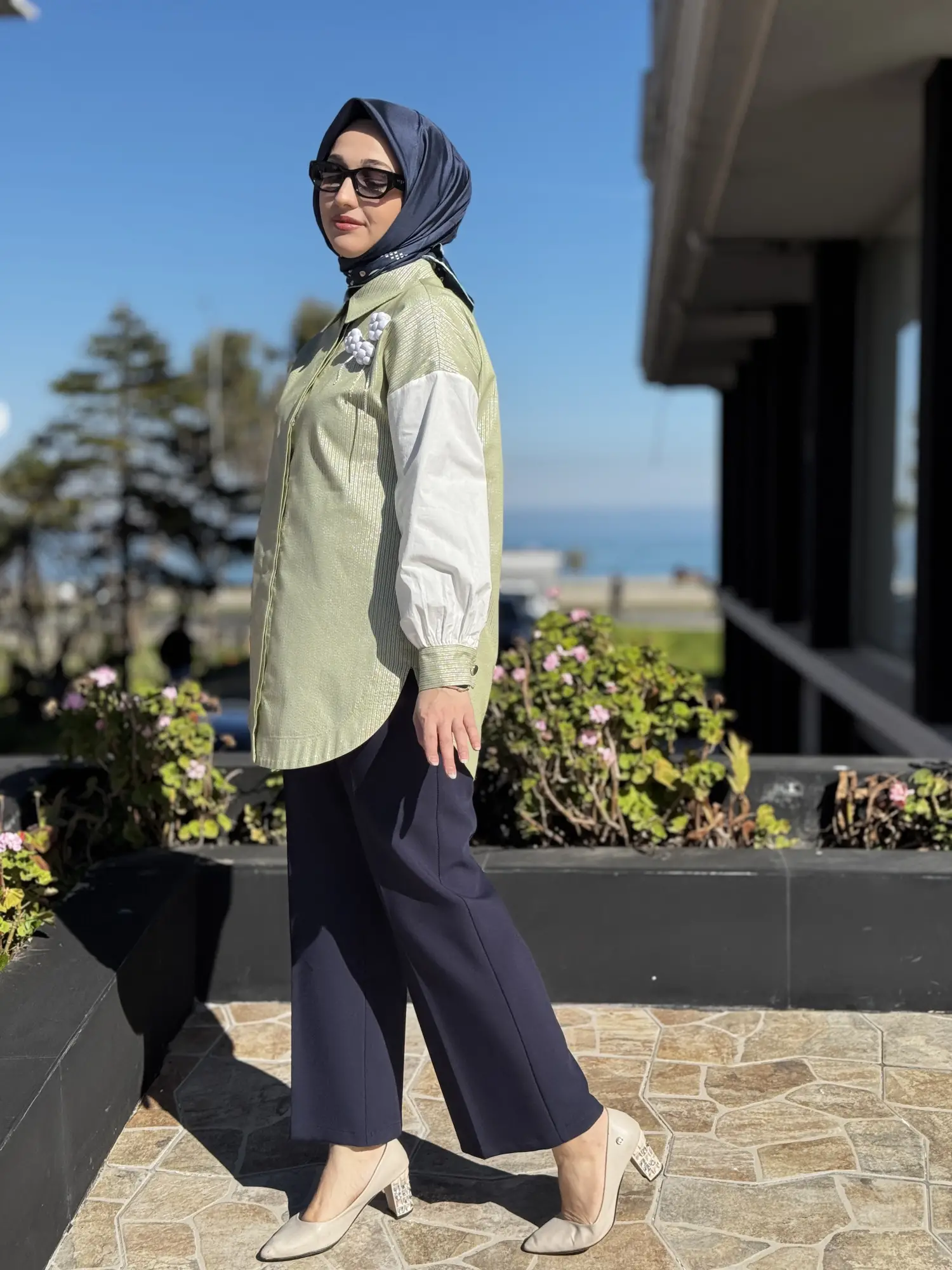 YEŞİL Sim Detaylı Çizgili Gömlek