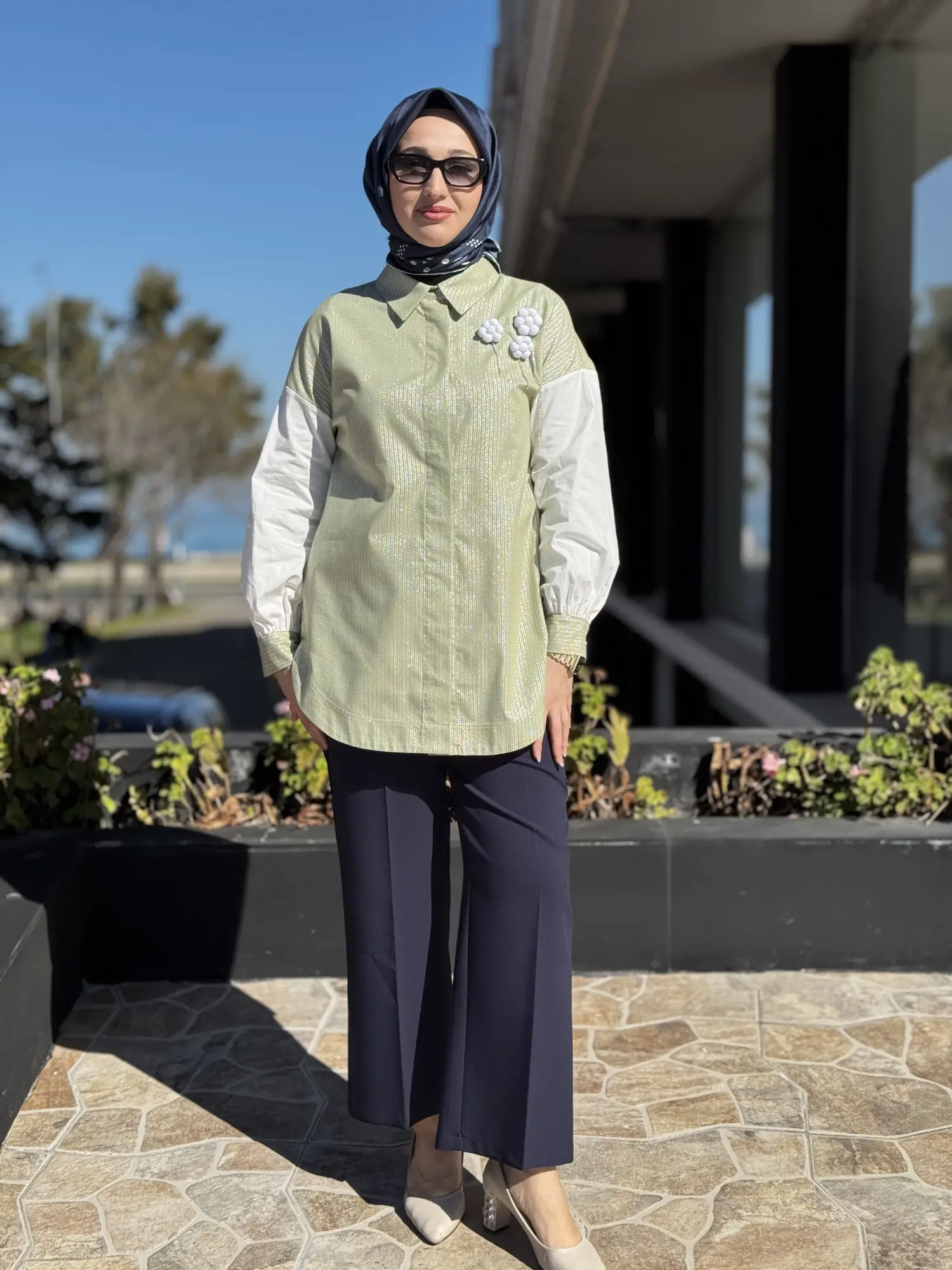 YEŞİL Sim Detaylı Çizgili Gömlek