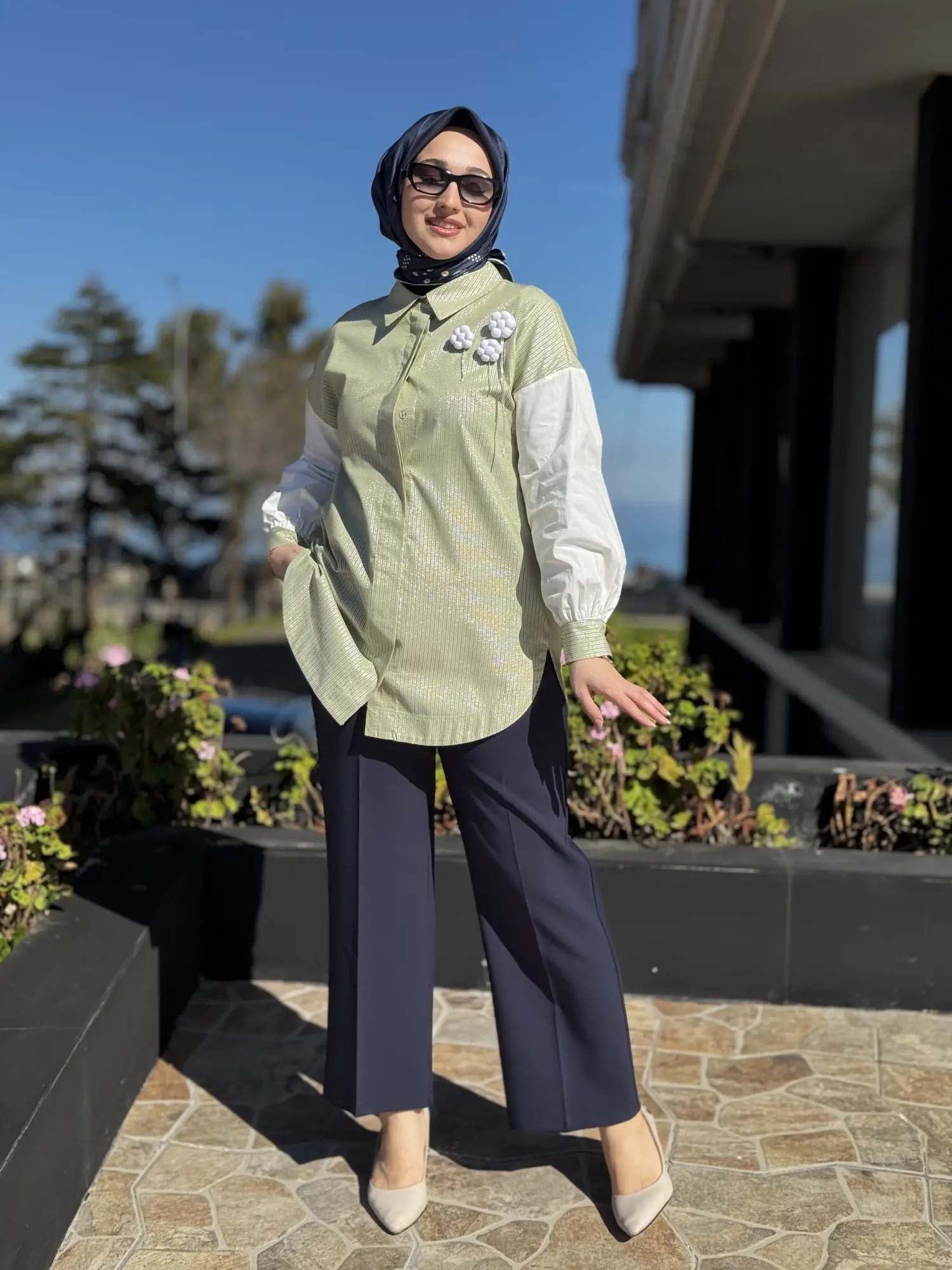 YEŞİL Sim Detaylı Çizgili Gömlek