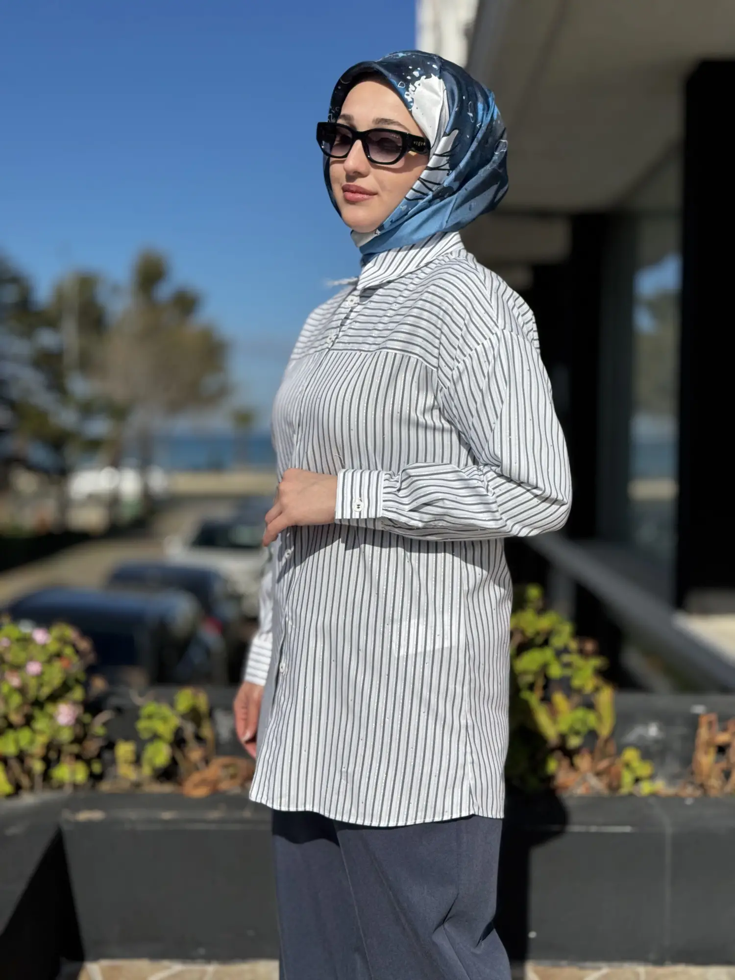 Kayra Kristal Taş Baskılı Çizgili Gömlek