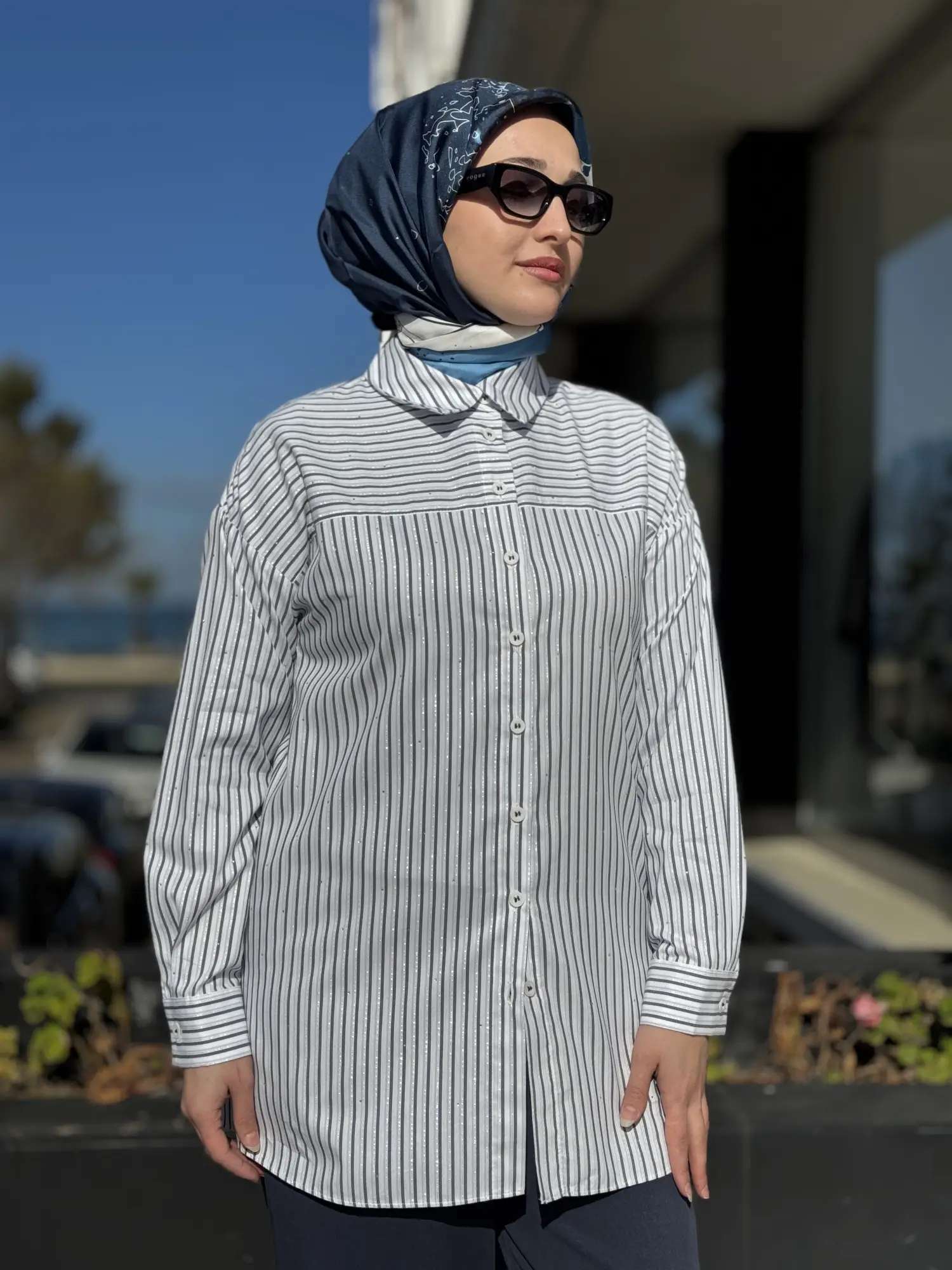 Kayra Kristal Taş Baskılı Çizgili Gömlek