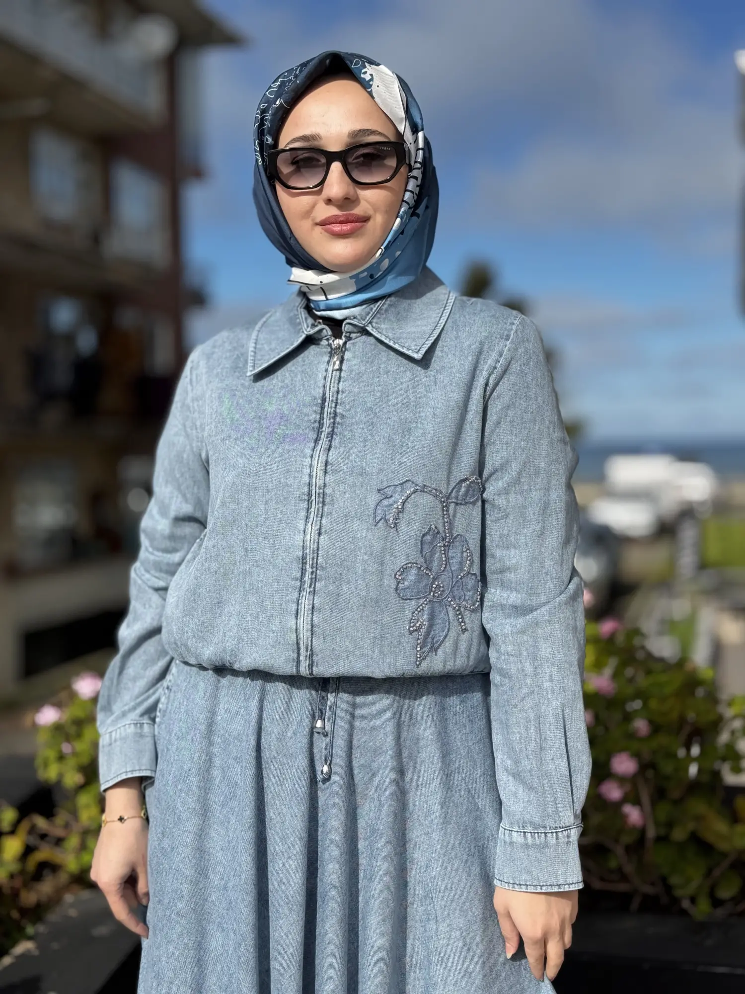 Kayra Yakası İşlemeli Kot Etek Ceket Takım