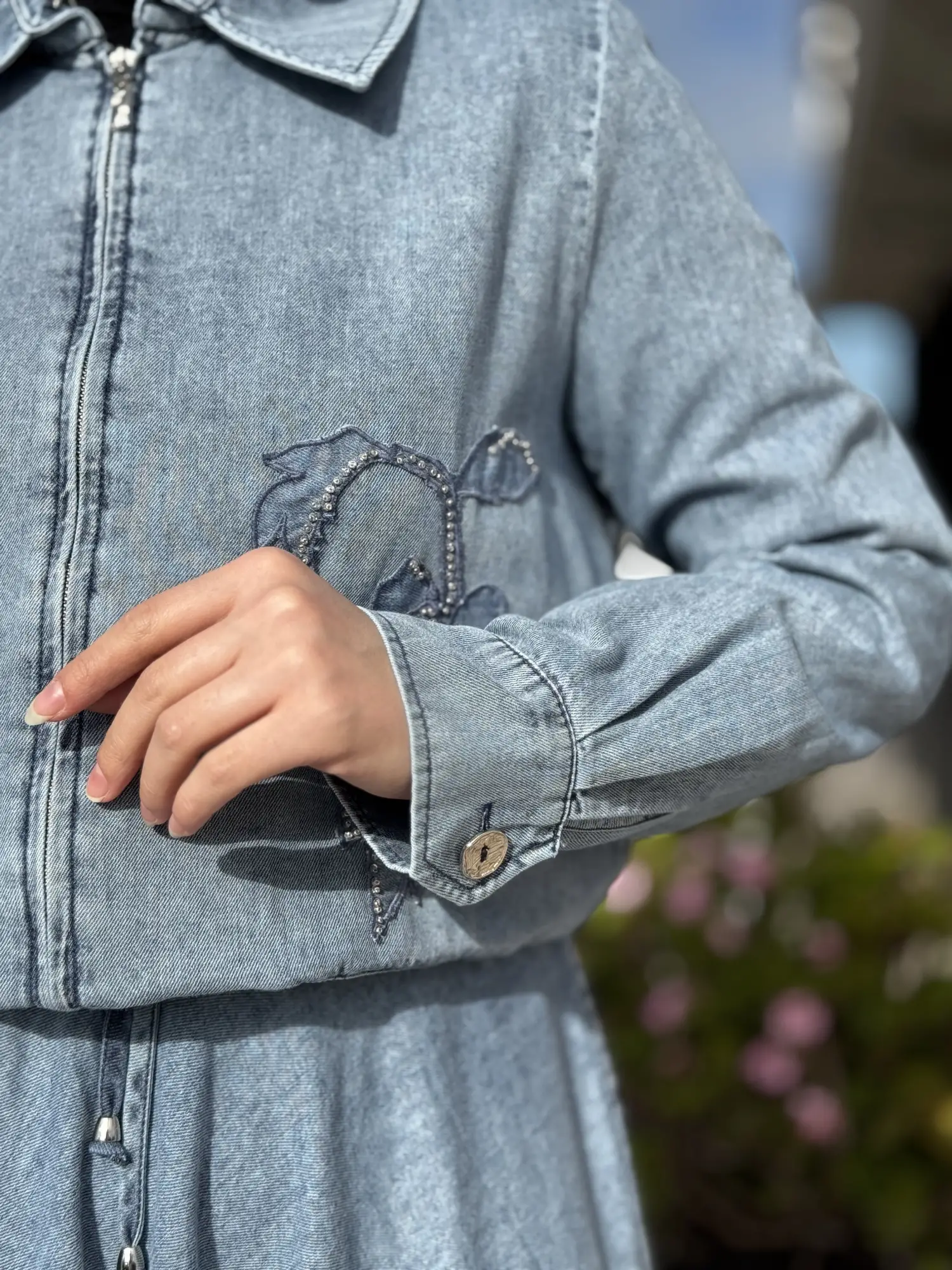 Kayra Yakası İşlemeli Kot Etek Ceket Takım