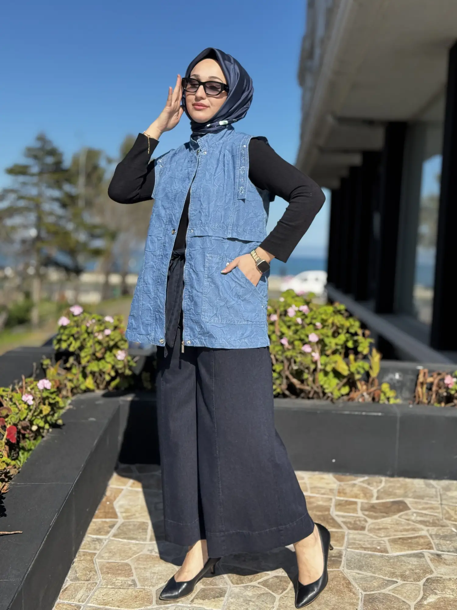 Kayra Taşlı Kabartmalı Denim Yelek KA20001