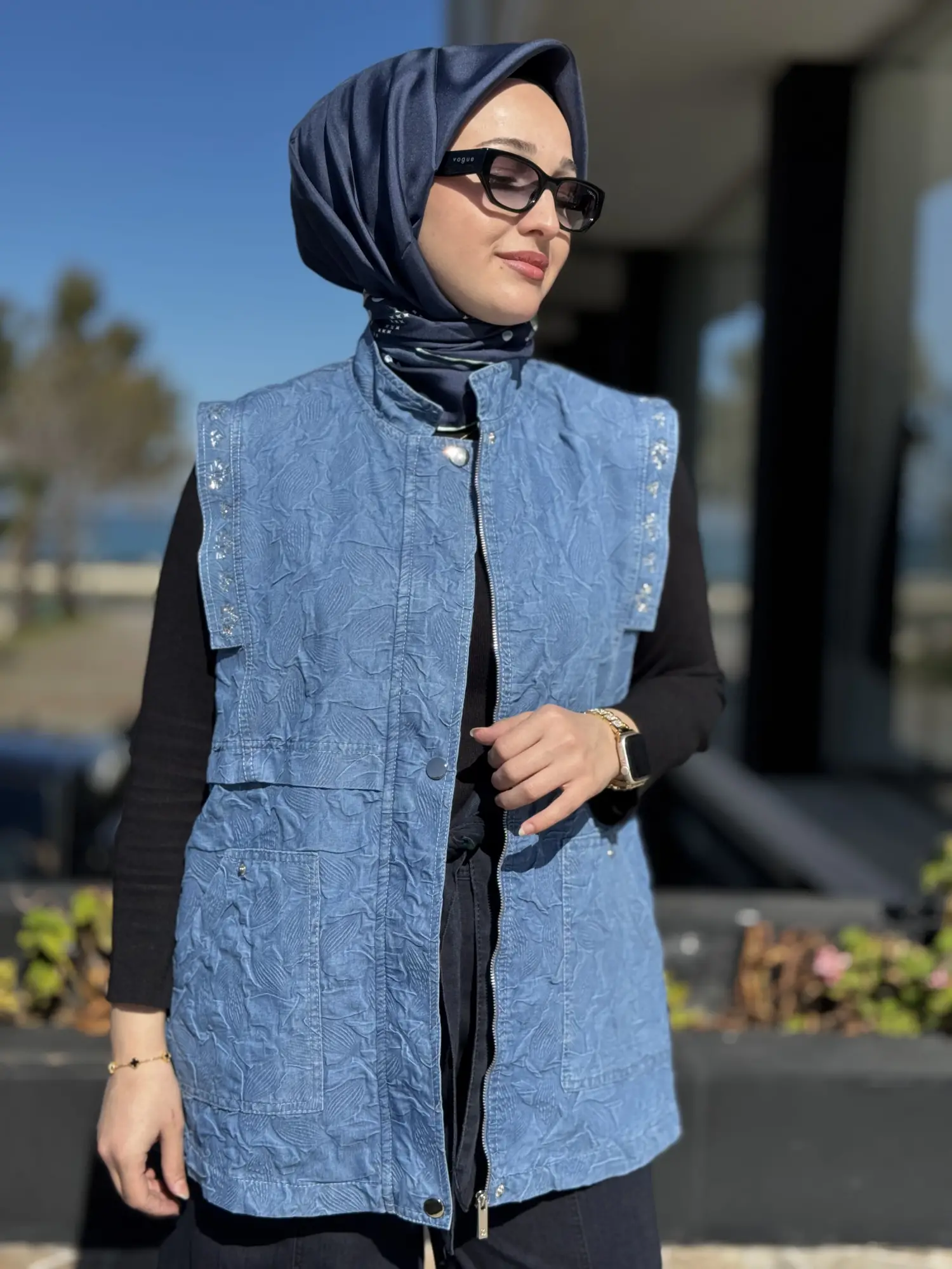 Kayra Taşlı Kabartmalı Denim Yelek KA20001