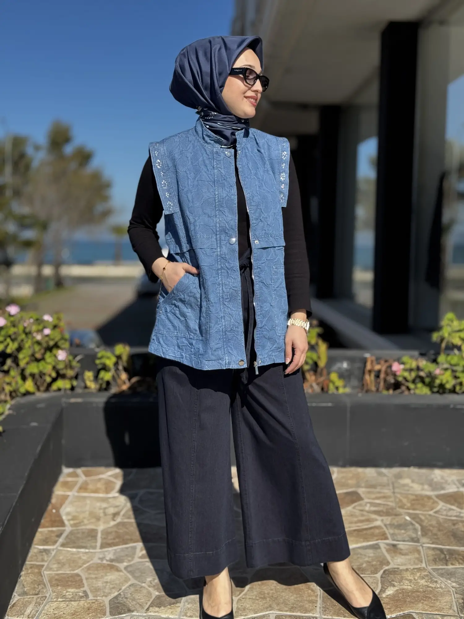 Kayra Taşlı Kabartmalı Denim Yelek KA20001