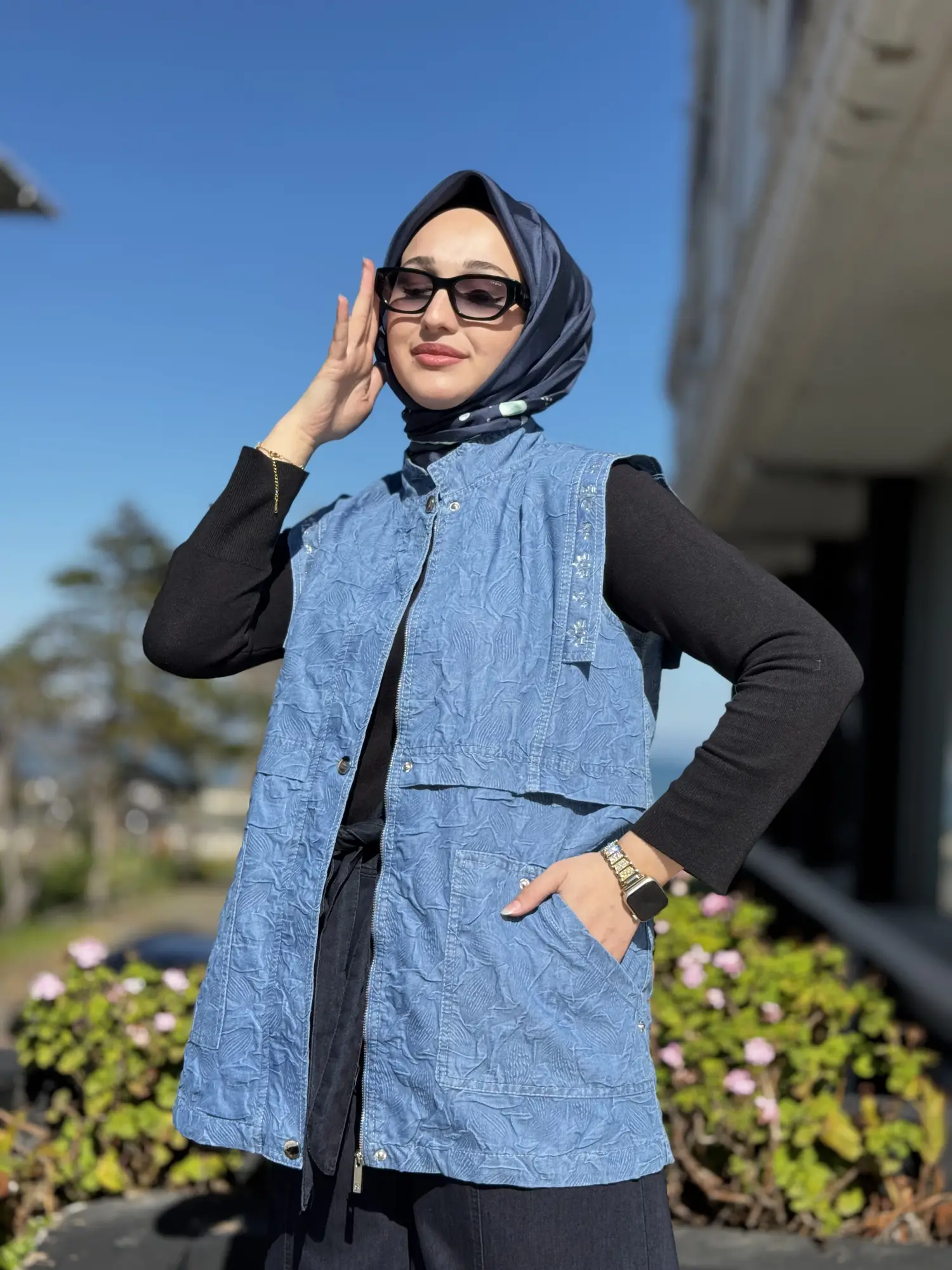 Kayra Taşlı Kabartmalı Denim Yelek KA20001