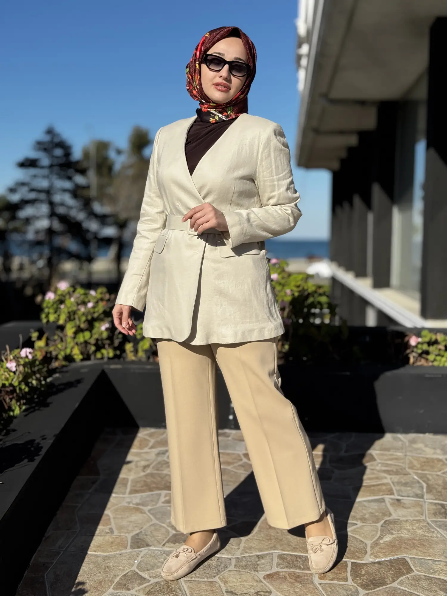 Kayra Kruvaze Yaka Cepli Kemerli Keten Ceket