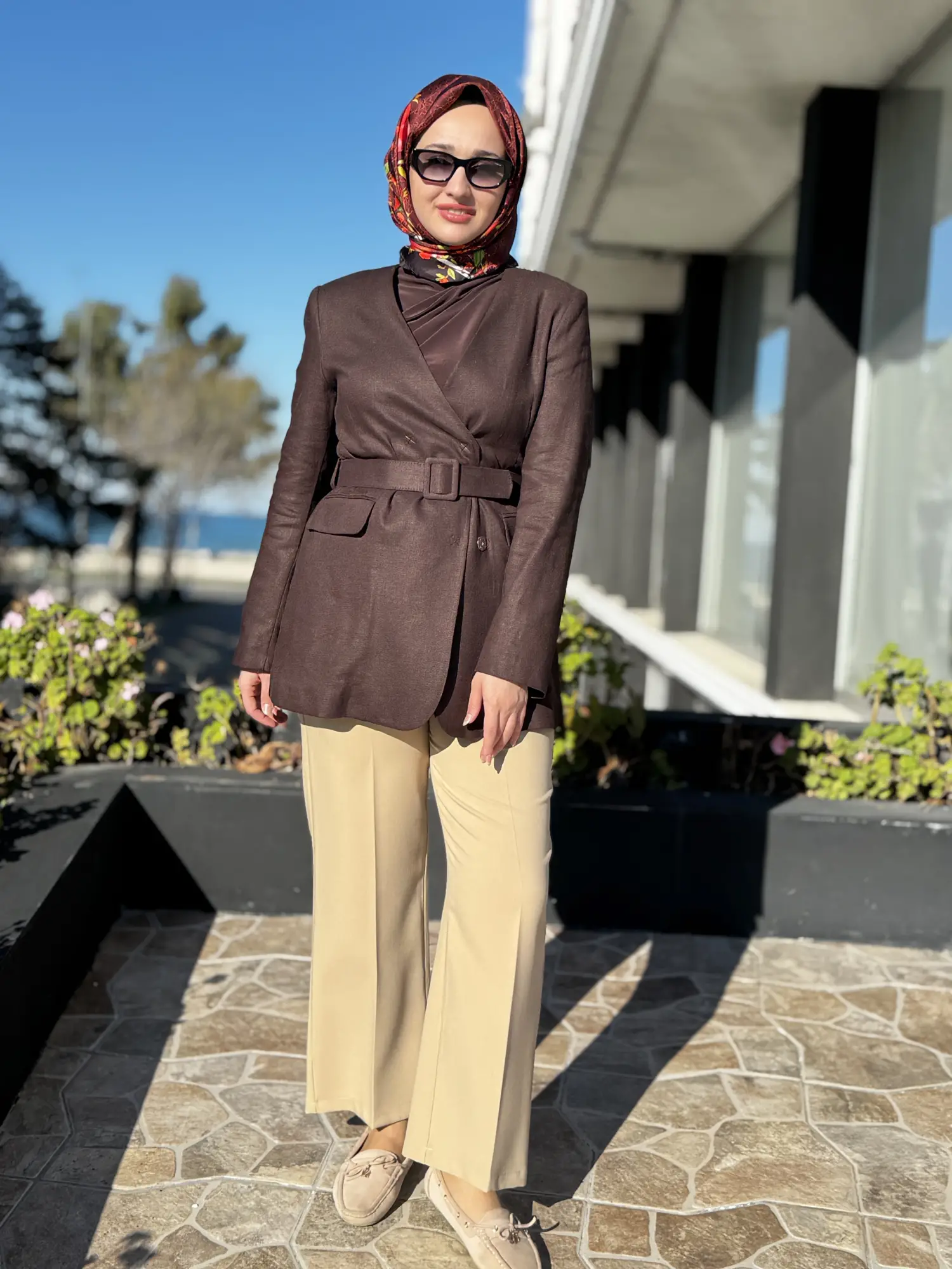 Kayra Kruvaze Yaka Cepli Kemerli Keten Ceket