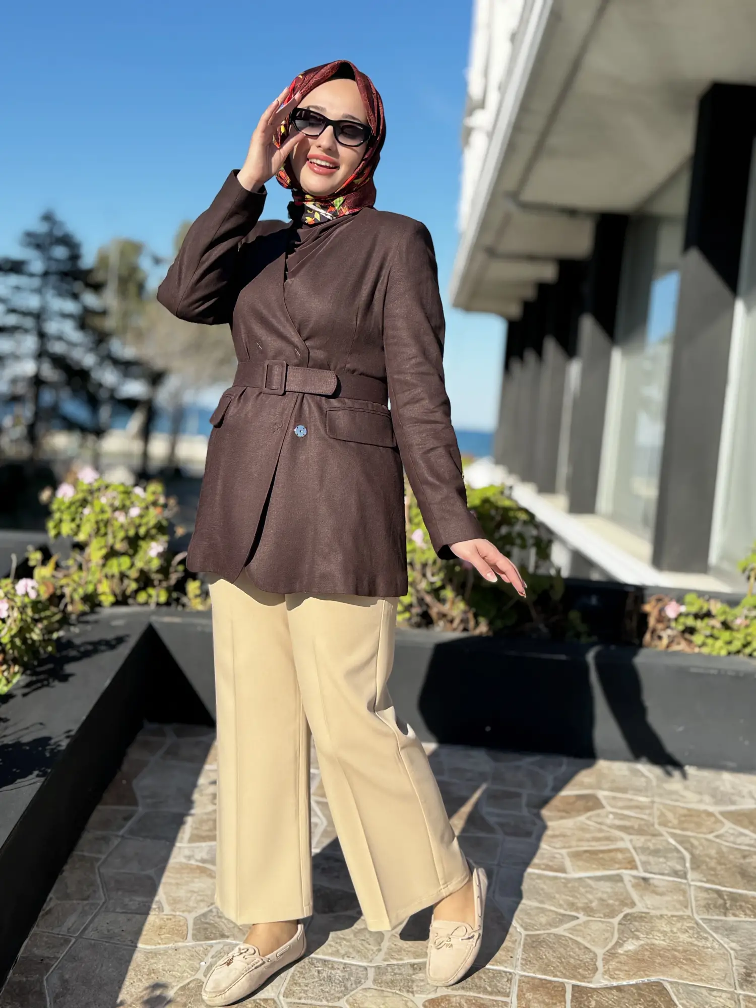 Kayra Kruvaze Yaka Cepli Kemerli Keten Ceket