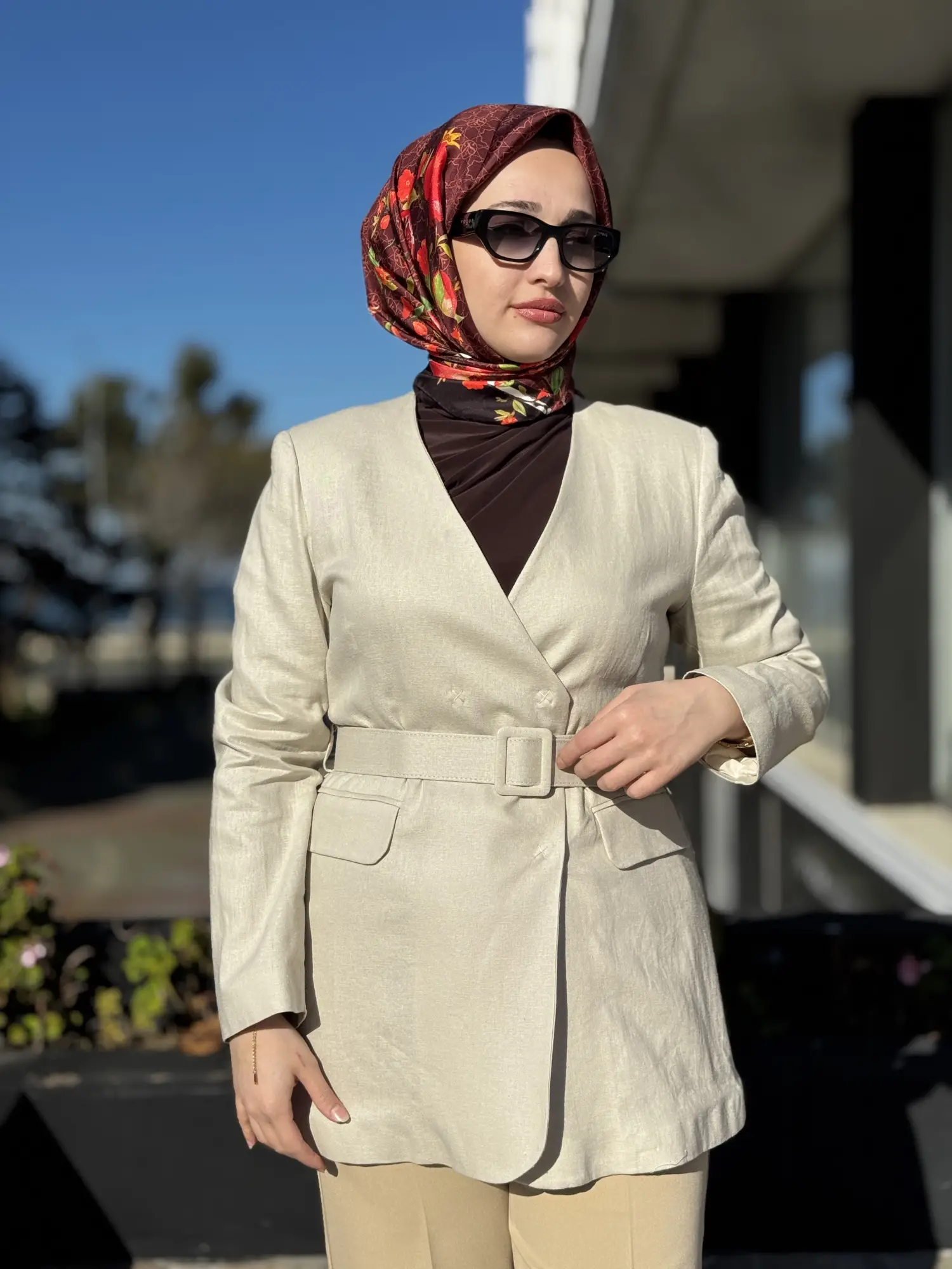 Kayra Kruvaze Yaka Cepli Kemerli Keten Ceket