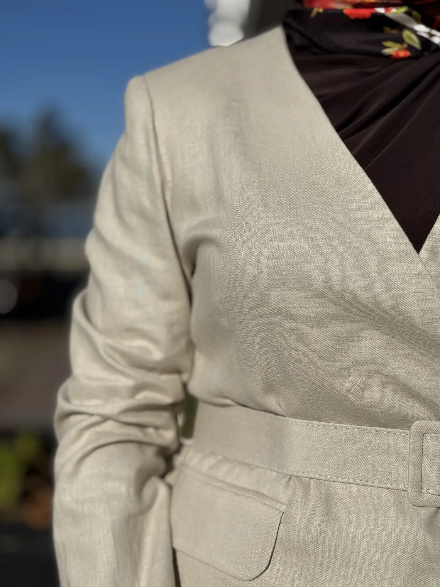 Kayra Kruvaze Yaka Cepli Kemerli Keten Ceket