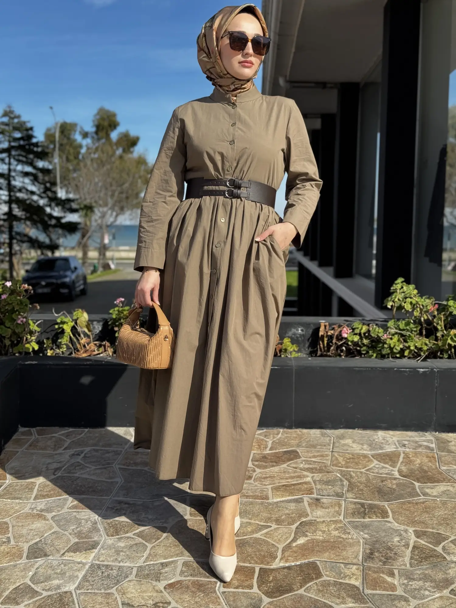 Almarwah Belden Dikişli Düğmeli Kemerli Elbise 303898